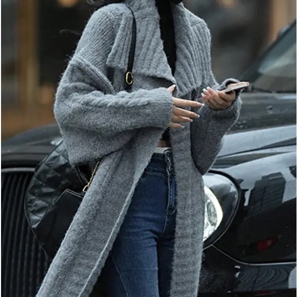 102. OVERSIZED MAXI LONG Grey Gray Cardigan Chunky Long Cable Duster Fuzzy - Picture 6 of 11